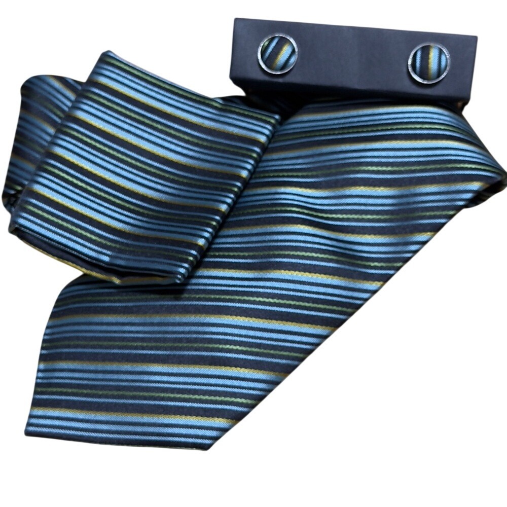 George Martin Blue & Black‎ Striped Tie & Cuff Link Set